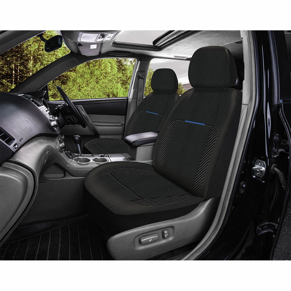 Deals ⭐ SCA Leather Look And Carbon Seat Covers Black/Blue Adjustable Headrests Airbag Compatible Front Pair Size 30A ✨ 4 Deals ⭐ SCA Leather Look And Carbon Seat Covers Black/Blue Adjustable Headrests Airbag Compatible Front Pair Size 30A ✨ - Image 2