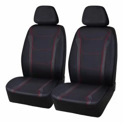 Budget 🌟 SCA Sports Leather Look & Carbon Seat Covers Black/Red Adjustable Headrests Airbag Compatible ⌛
