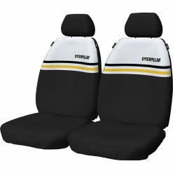 Best deal 🤩 Caterpillar Canvas Seat Covers Yellow/White Stripe Adjustable Headrests Airbag Compatible 30SAB 💯